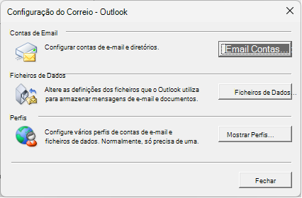 Configuração do Correio – caixa de diálogo do Outlook que é acedida através das definições de Correio no Painel de Controle.