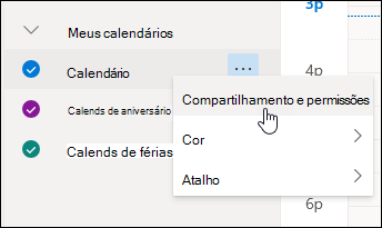 Uma captura de tela do cursor focalizando Compartilhamento e permissões no menu de contexto do calendário