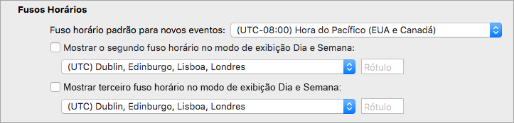 Mostra o segundo e terceiro fuso horário nas Preferências de Calendar