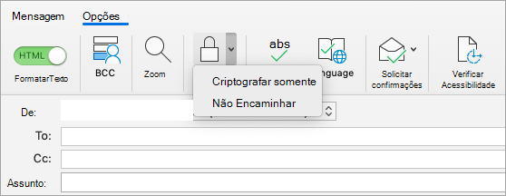 Mostrando o botão Criptografar em uma mensagem de email