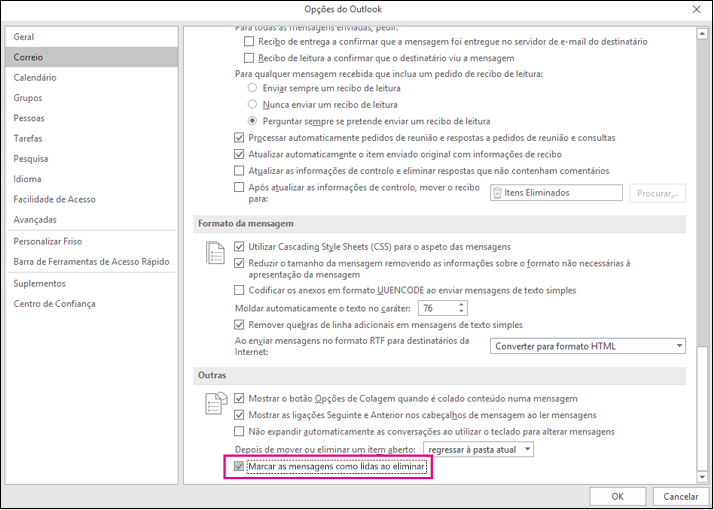 Opções de email com Marcar como lido quando excluído realçado