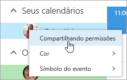 Captura de tela do menu de contexto de Seu calendário, com a opção Compartilhando permissões selecionada.