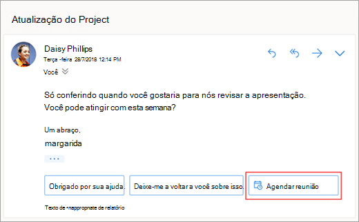 Captura de tela de resposta sugerida para agendar reunião
