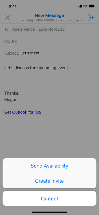 Mostra uma tela do iOS, com um rascunho de email esmaecido e a cotação &; Enviar cotação de&de disponibilidade; botão abaixo do rascunho.