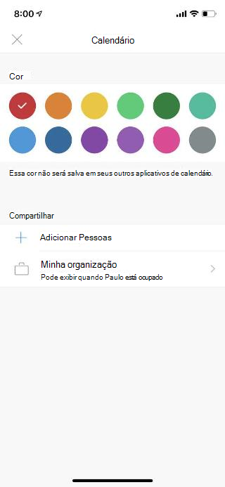 Mostra um calendário em uma tela de celular. Na seção Compartilhar, há um link que diz Add People.