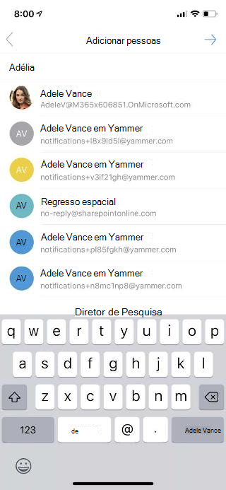 Mostra uma tela de celular, com Adicionar pessoas na parte superior e uma lista de pessoas abaixo.