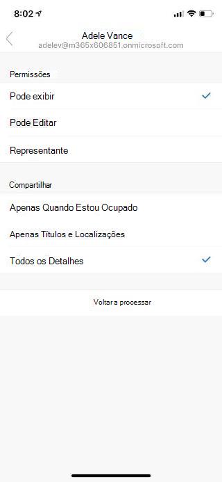 Mostra uma tela de celular com o nome de uma pessoa na parte superior, e listado abaixo as opções de permissões e de compartilhamento.