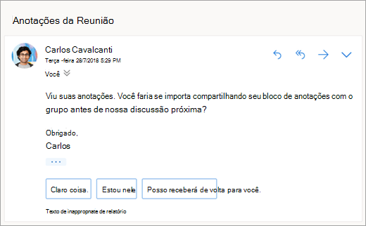 Captura de tela de respostas sugeridas