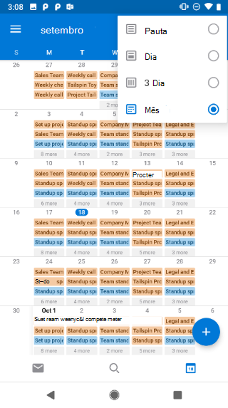 Mostra um calendário, com um menu suspenso no canto superior direito. Ele tem estas opções: Agenda, Dia, 3 Dias e Mês.