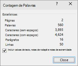 Mostra a contagem de palavras, o número de páginas em um documento.