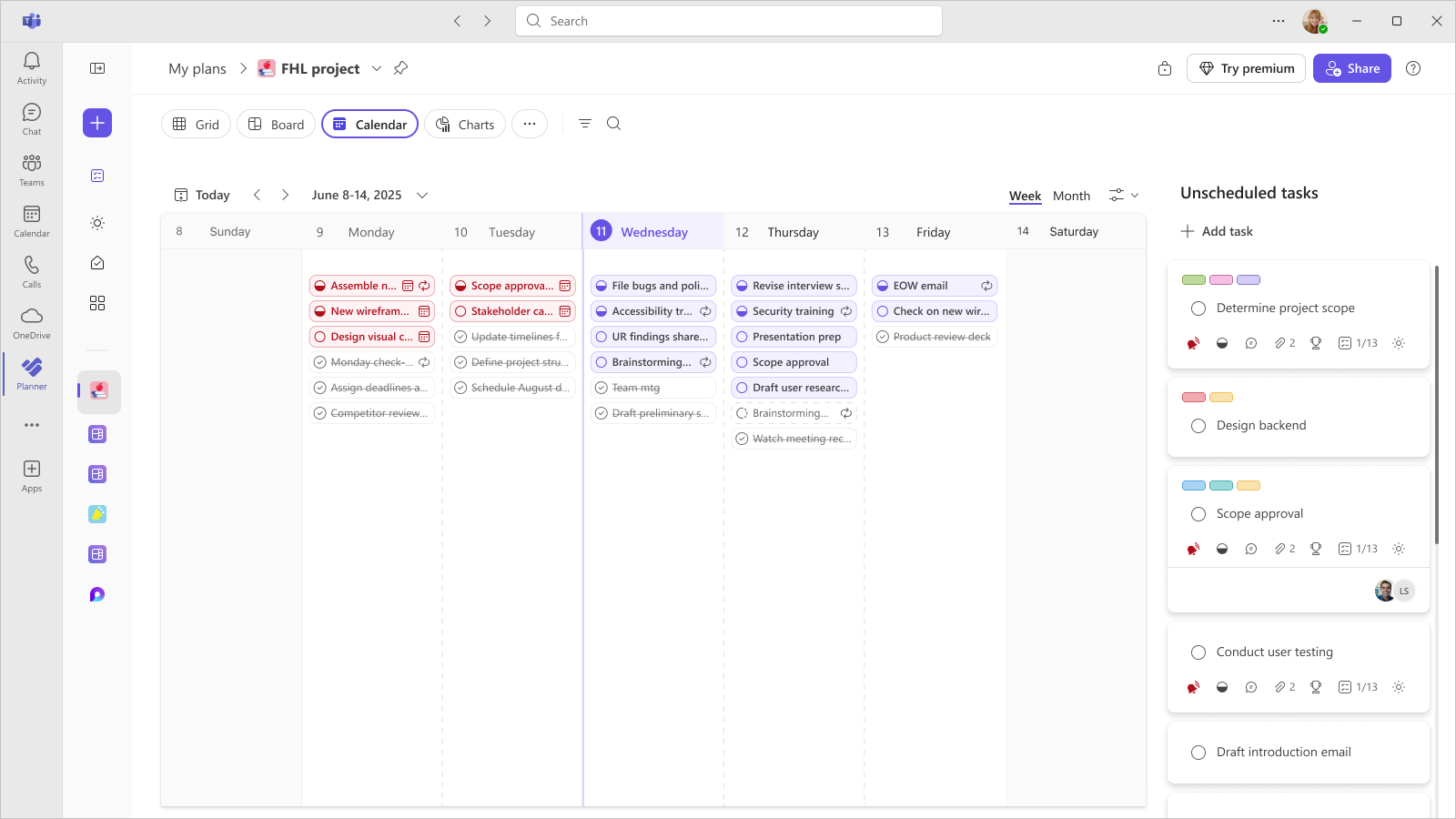 Uma captura de tela de um plano no Planner no Teams mostra a exibição Calendar de tarefas de usuários para a semana.