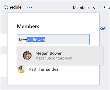 Captura de tela da lista Membros ao digitar o nome de um novo membro do plano.