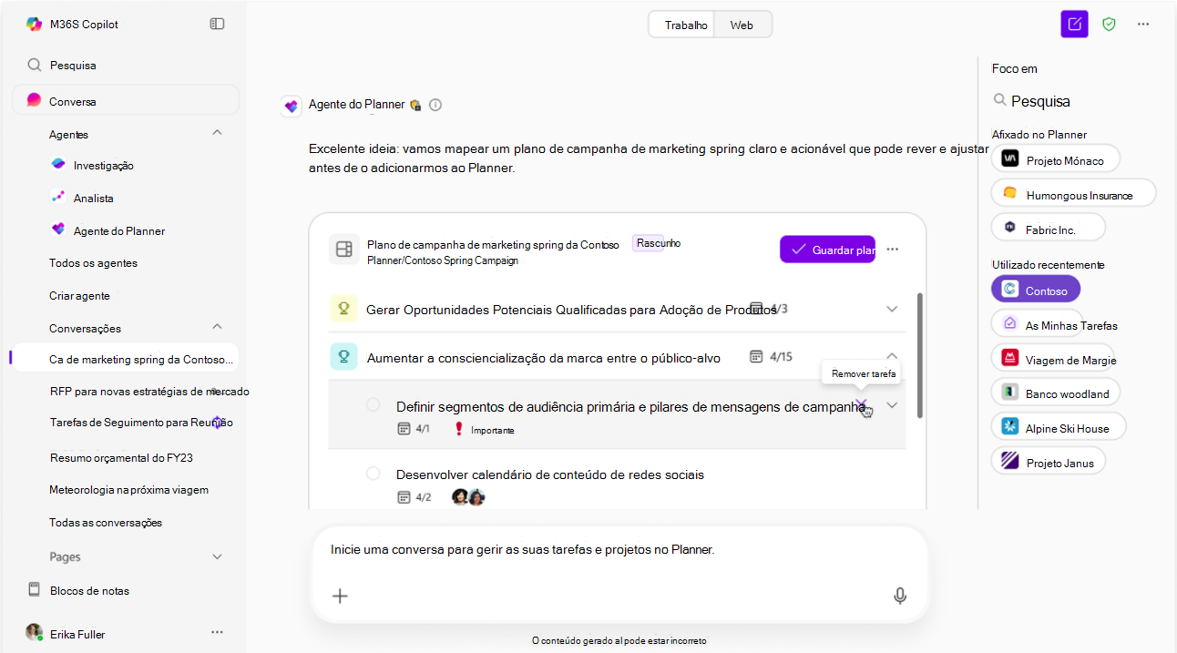 Captura de ecrã que mostra o Agente do Planner a editar a sugestão de IA no modo de rascunho.
