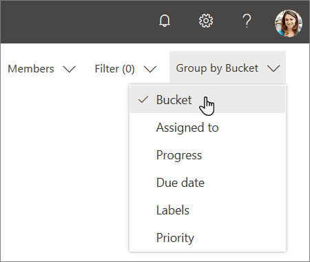 Captura de tela mostrando o menu suspenso Agrupar, no Planner, escolhendo o Bucket
