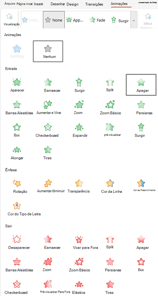 Captura de ecrã a mostrar Animações disponíveis para PowerPoint para a Web.