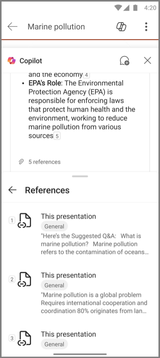 Captura de tela do Copilot no PowerPoint em um dispositivo Android com referências para a resposta Resumir este conjunto de slides