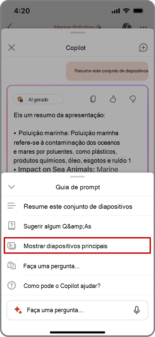 Captura de tela do Copilot no PowerPoint no dispositivo iOS com a solicitação Mostrar Slides Principais