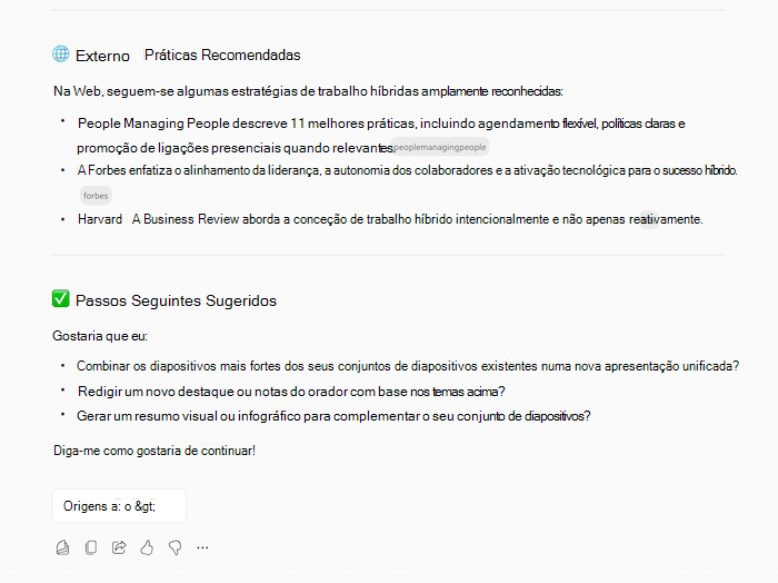 Uma captura de ecrã da resposta copilots para criar apresentação, mostrando informações sobre o tópico pedido e perguntas de seguimento.