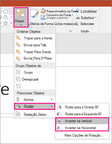 Captura de tela mostrando as opções Organizar > e Girar > Inverter no PowerPoint.