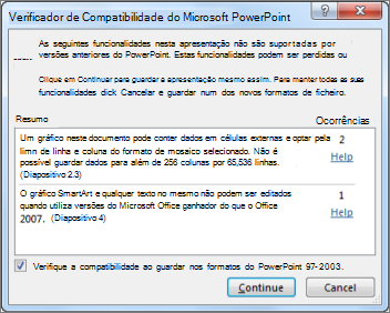 Alerta do verificador de compatibilidade