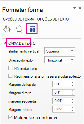 Opções da caixa de texto no painel Formatar Forma