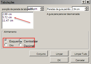 Caixa de diálogo Tabulações.