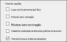 O grupo de opções Mostrar de Configurar Apresentação de Slides com Manter os Slides Atualizados habilitado.