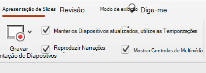O separador Apresentação de Diapositivos do friso a mostrar a opção Manter os Diapositivos Atualizados selecionada.
