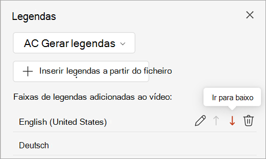 Botão Mover para baixo para uma faixa de legendas no painel Legendas.