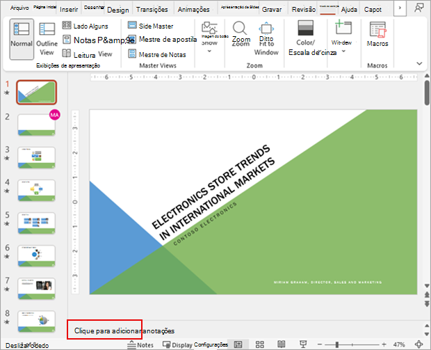 Sreenshot mostrando um deck de slides do PowerPoint na exibição normal junto com a seção anotações.