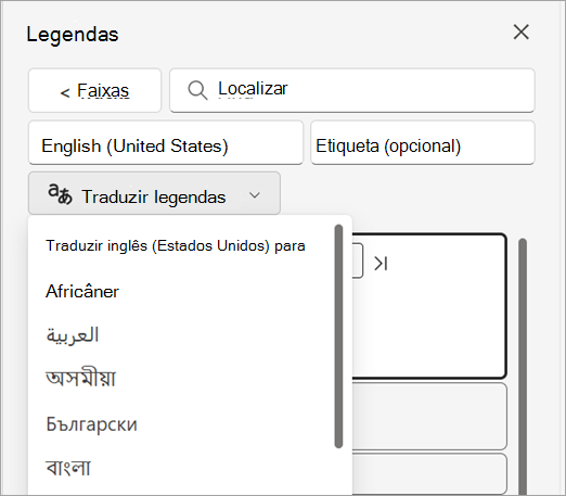 Lista pendente Traduzir legendas no painel Legendas.