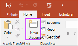 Mostra o botão Novo Slide na guia Página Inicial na faixa de opções no PowerPoint