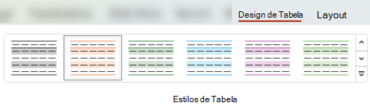 Na guia Design da Tabela, você pode escolher entre vários estilos de tabela predefinidos para aplicar rapidamente diferentes formatações a uma tabela.