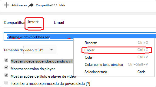 Copiar o código de inserção do iFrame