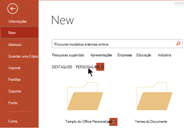 Em Ficheiro > Novo, clique em Personalizado e, em seguida, em Personalizar Modelos do Office.