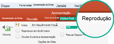 Quando um vídeo é selecionado em um slide, uma guia Reprodução é exibida na faixa de opções da barra de ferramentas, permitindo que você defina as opções de reprodução de vídeo.