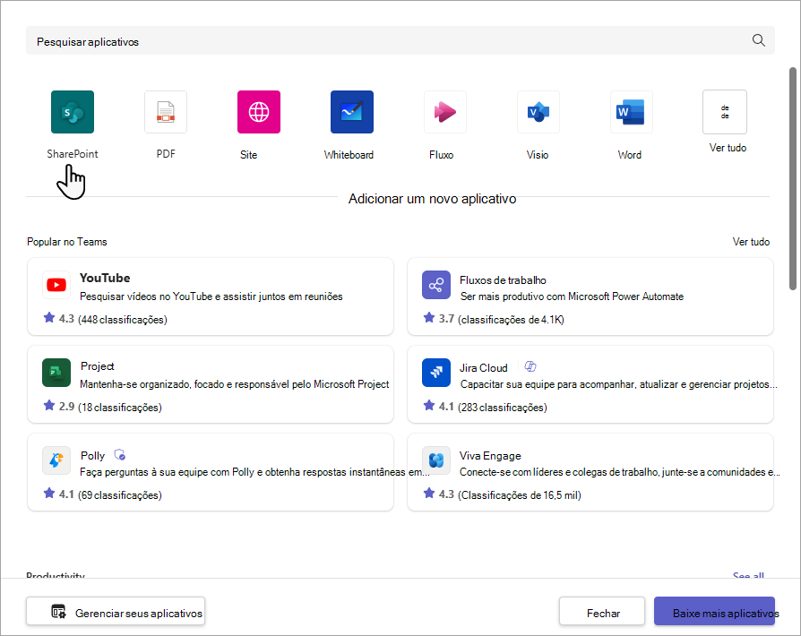 Caixa de diálogo Adicionar guia do SharePoint.