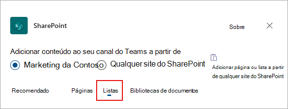 Selecione Listas para adicionar listas ao canal do Teams.