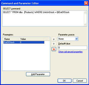 Editor de Comandos e Parâmetros com instrução de parâmetro SQL