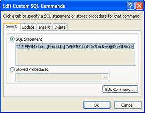Caixa de diálogo Editar Comandos SQL Personalizados com instrução SQL
