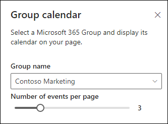 Escolhendo quantos eventos serão exibidos no calendário de grupos do Microsoft 365 selecionado.