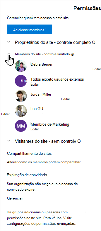 A caixa de diálogo Permissões que permite gerenciar membros e seus níveis de permissão.