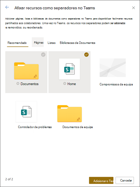 Fixar recursos nas guias