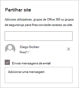 Adicionar uma pessoa no painel Partilhar site