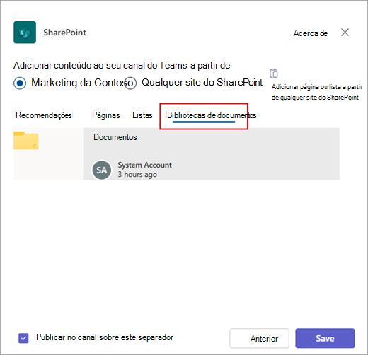 Adicione uma biblioteca de documentos do SharePoint ao Teams.