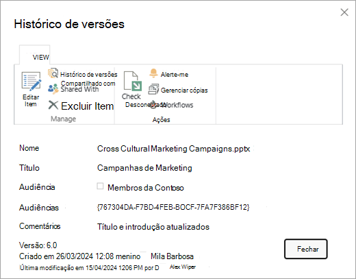 Caixa de diálogo histórico de versões de um determinado ficheiro.