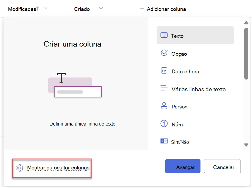 Captura de ecrã de Mostrar ocultar colunas selecionadas