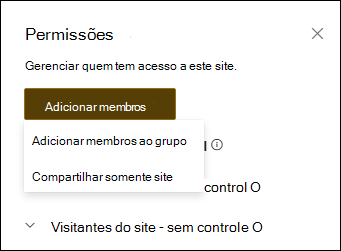 Visualização do painel de permissões com o menu suspenso.