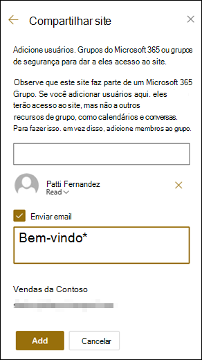 Visualização do painel Compartilhar site.