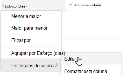 O painel Editar coluna no SharePoint com a opção Excluir selecionada